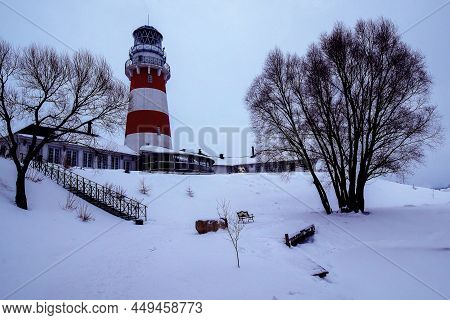 Lighthouse In A Fishing Village In Winter. Shumashi. Ryazan Region. Russia. January 2022