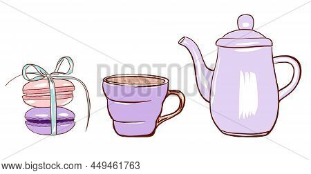 Breakfast Set Illustration. Coffee Cup, Macaroons, Coffee Pot Hand Drawing Design Element. Isolaned 