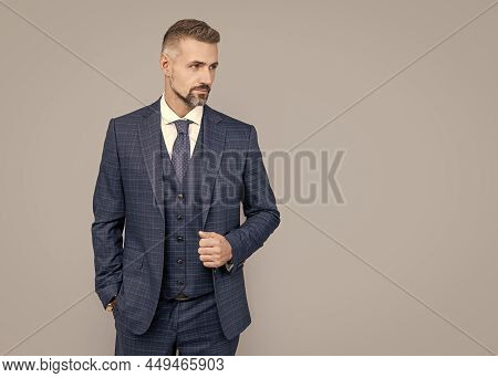 Mature Man Ceo With Grizzled Hair In Formal Suit Copy Space, Businesslike