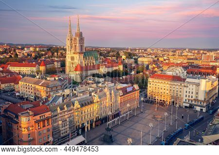 Zagreb, Croatia. Aerial Cityscape Image Of Zagreb Capital City Of  Croatia At Sunset.