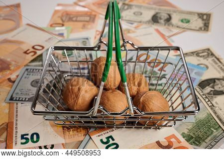 Greek Nuts In Metal Basket - Photo On Cash Bank Notes. Greek Nuts In Toy Metallic Basket. Cash Bank 