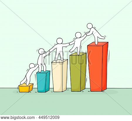 Sketch Of Graph With Working Little People. Doodle Cute Miniature Of Diagram And Teamwork. Hand Draw
