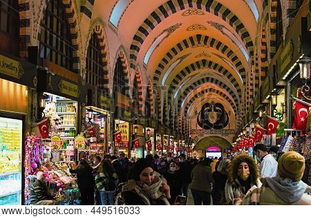 Istanbul, Turkey-october 25, 2021:egyptian Bazaar Or Spice Bazaar (turkish: Misir Carsisi) During Co