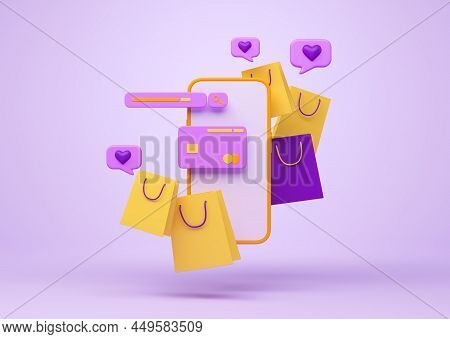Smartphone, Mobile App And Credit Card With Packages On Purple Background, Order In Online Shop. Con