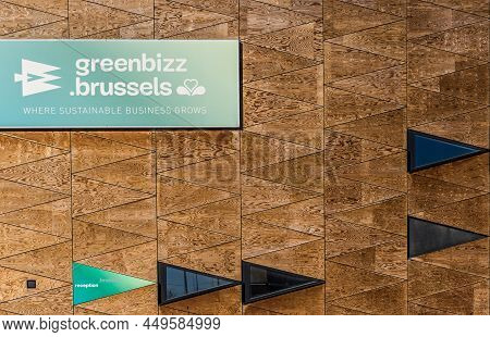 Laeken, Brussels / Belgium - 02 25 2019: Wooden Brick Wall With Triangle Pattern Of The Greenbizz Br