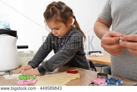 Cropped View Of Unrecognizable Man And His Daughter Making Sweets With Biscuit Cutters On Processing