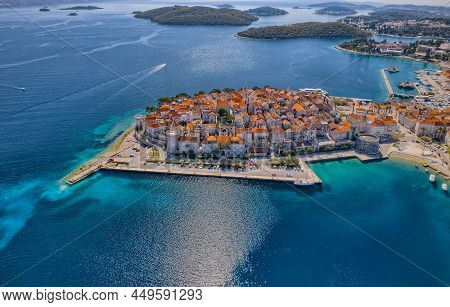 Aerial Shot Of The Old Medieval Town Korcula Center