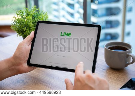 Alanya, Turkey - July 7, 2021: Man Hand Holding Ipad Air Space Gray With Social Networking Service L