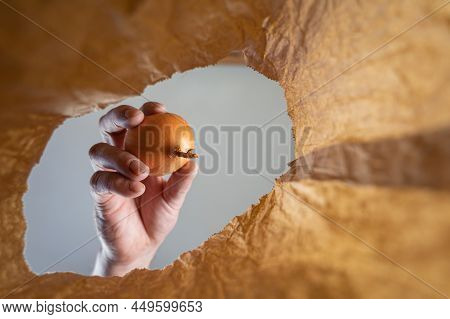 A Hand Takes A Brown Onion From A Brown Paper Bag. A Mature Man's Hand Holds A Ripe Vegetable Over A