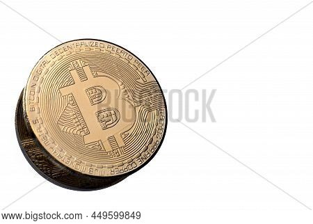 Close Up Of Gold Crypto Coin Bitcoin On White Background Concept For Trading And Buying Cryptocurren