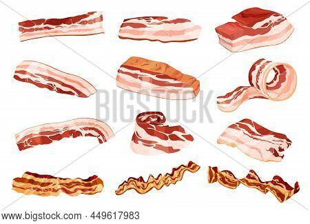 Raw And Fried Pieces Of Bacon Collection Vector Isometric Illustration Fresh Slices Of Meat Steak