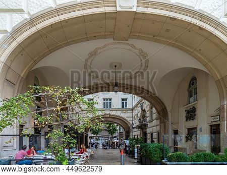 Budapest, Hungary-august 23, 2021:the Piarista Koz Passage, With Terraces And Tourists.the Historic 