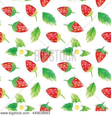 Hand-drawn Watercolor Wild Red Strawberries, Leaves And Flowers Pattern. Cute Kawaii Background, Goo