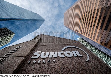 Calgary, Albert A - February 6, 2022: Sign For Suncor Energy In Downtown Calgary.