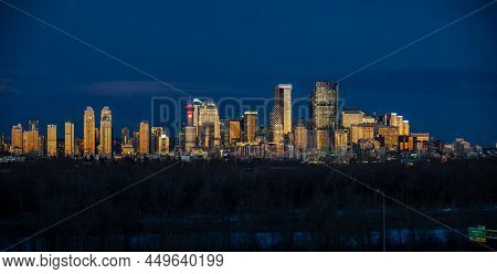Panoramic View Of Calgary's Skyline At Sunrise.