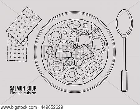 Finnish Fish Soup With Salmon, Potatoes And Cream Served On A Plate With Rye Crispbread And A Spoon.