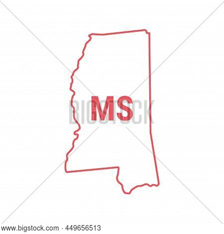 Mississippi Us State Map Red Outline Border. Vector Illustration Isolated On White. Two-letter State