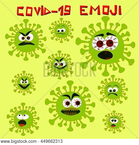 Covid19 Corona Virus Emojis Vector Set. Covid-19 Coronavirus Emojis And Emoticons With Scary And Ang