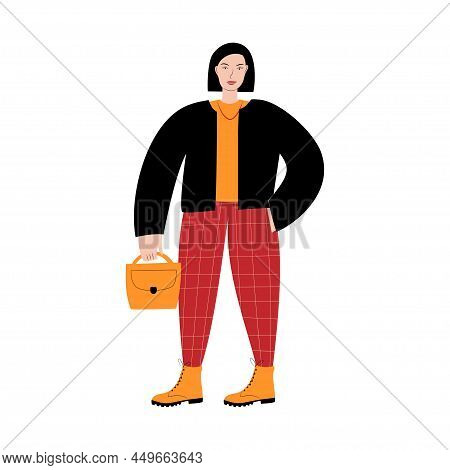 Young Woman Standing In Casual Clothes And Holding A Bag. Flat Colorful Vector Illustration On White