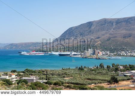 Crete, Greece - Septmeber 20, 2021: High Angle View Of Souda Bay. Cruise Ships Anchored At Souda Por