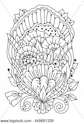 Coloring Page, Art Therapy. Artline A Bouquet Of Flowers For Coloring. Black And White Vector Floral