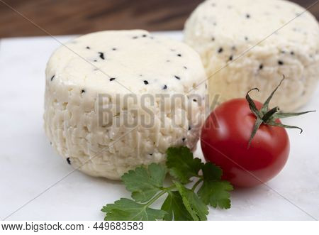 Traditional Polish White Cheese With Black Chives Seeds Made In North Poland In Kaszebe Area Near Gd