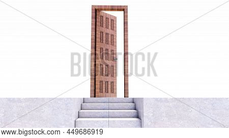 Abstract Concrete Stairway Go Up To The Wooden Door, 3d Render