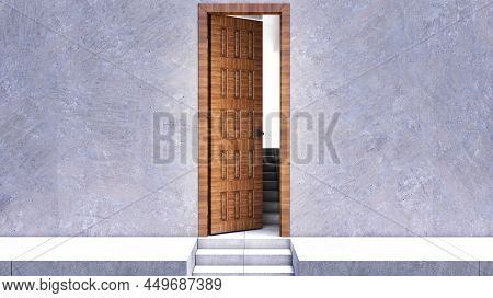 Abstract Concrete Stairway Go Up To The Wooden Door, 3d Render