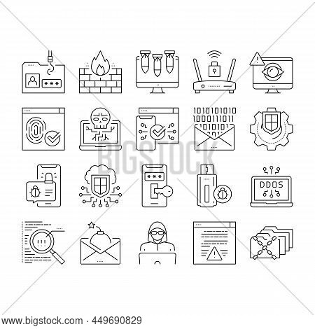 Internet Security Collection Icons Set Vector. Internet Ddos Computer Attack And Flash Drive With Vi