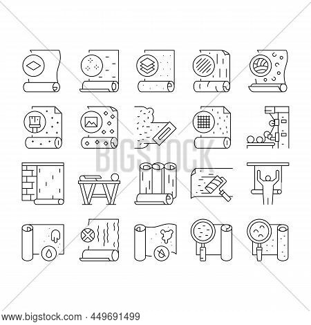 Wallpaper Interior Collection Icons Set Vector. Waterproof And Paper, Vinyl And Non-woven, Textile A