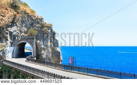 Famous Picturesque Road Viaduct Of Amalfi Summer Coast With Sea Water, Italy, Web Banner Format