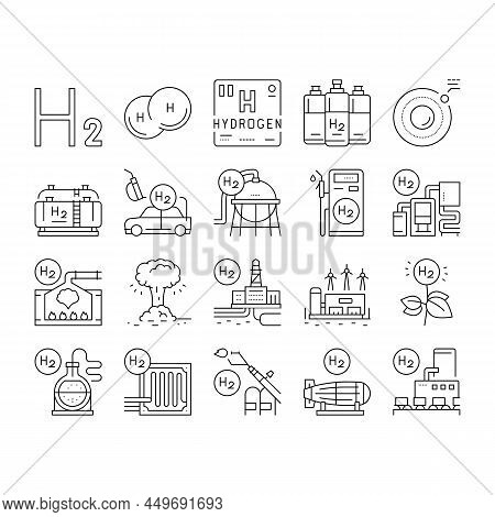 Hydrogen Industry Collection Icons Set Vector. Hydrogen Eco Energy Industrial Plant And Manufacturin