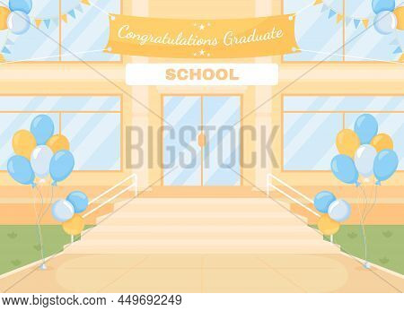 Outdoor Graduation Ceremony Flat Color Vector Illustration. School Decorations. 2d Simple Cartoon Ci