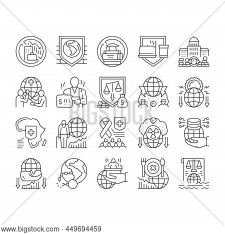 Social Public Problems Worldwide Icons Set Vector. Children And Ageing Human Social Problems, Democr