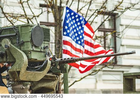 Vilnius, Lithuania - February 16 2022: Machine Gun Mounted On United States Marine Corps Forces Tank