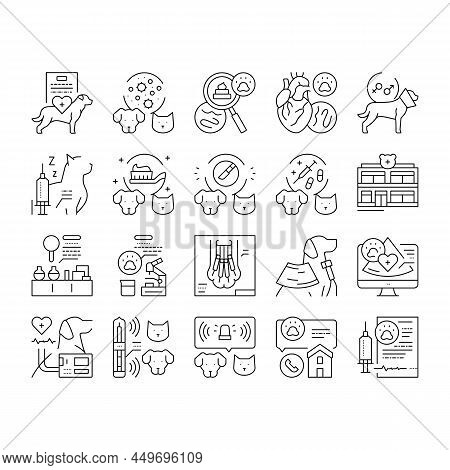Hospital Pet Health Examination Icons Set Vector. Hospital Pet Disease Examining And Treatment, Immu