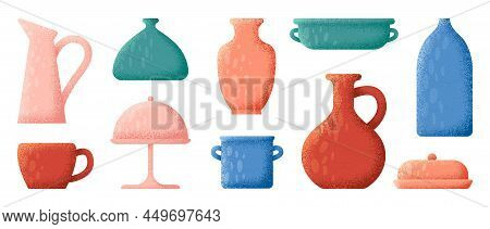 Ceramic Decorative Utensils. Pottery Dish, Vases And Kitchenware. Pot, Pan And Cup. Rustic Tableware