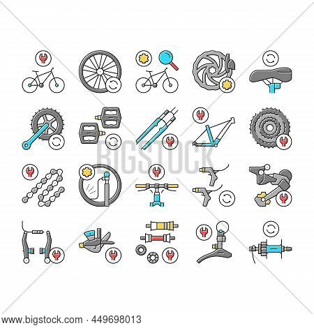 Bike Repair Service Collection Icons Set Vector. Complex Bike Repair And Setting, Research And Fix B
