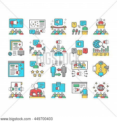 Pr Public Relations Collection Icons Set Vector. Pr Strategy And Events, Interview And Press Release