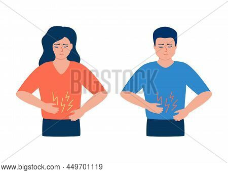 Pain In Belly Of Woman And Man, Problems With Health, Ache Stomach. People Holding Her Hands On Bell