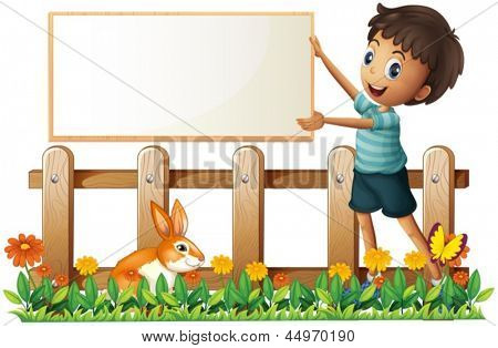 Illustration af en dreng holder en indrammet bord i haven på en hvid baggrund