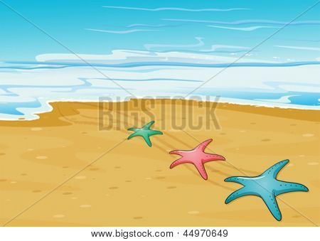 在海滩的三个多彩 starfishes 的插图