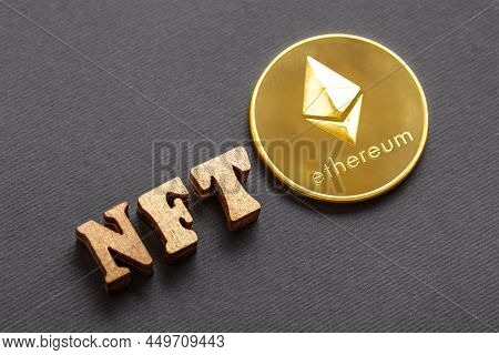 Non-fungible Token. Gold Letter Nft, Ethereum. Blockchain Technology