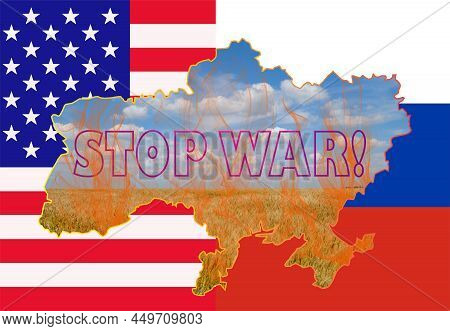 Ukraine Map With Wheat Field On Fire. Outline Map Of Ukraine Against The Background Of The Flags Of