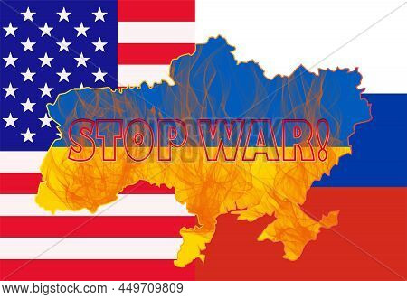 Map Of Ukraine With The National Flag On Fire. Outline Map Of Ukraine Against The Background Of The