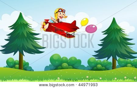 Illustrazione di una scimmia in sella in un aircarft con due palloncini