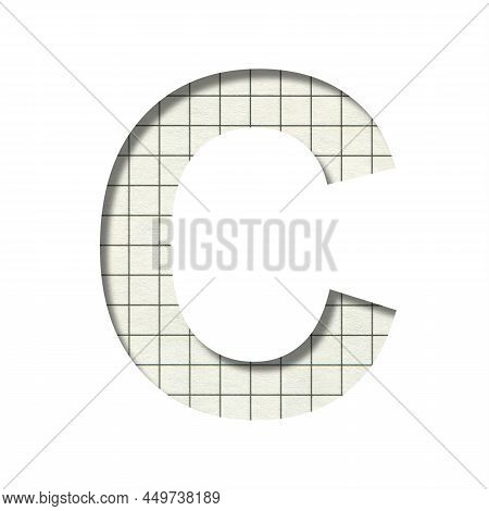 Letter C Cut Out Of White Paper On The Background Of A School Notebook In A Cage, A School Or Educat