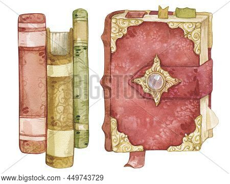 Watercolor Illustration Of An Ancient Magic Book Of Spells And A Stack Of Alchemy Books. Isolated On