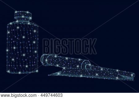Wireframe Of A Medical Syringe With An Ampoule Of Blue Lines With Glowing Lights Isolated On A Dark 
