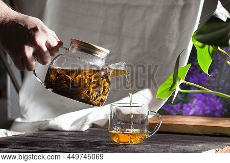 Transparent Teapot With Hot Koporye Tea, Traditional Russian Drink